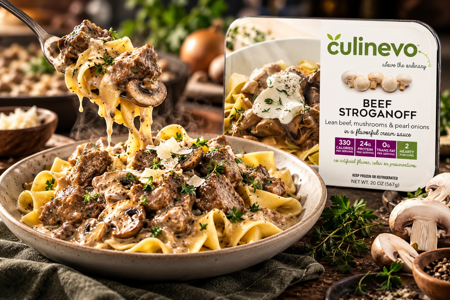 Beef Stroganoff package with a prepared serving