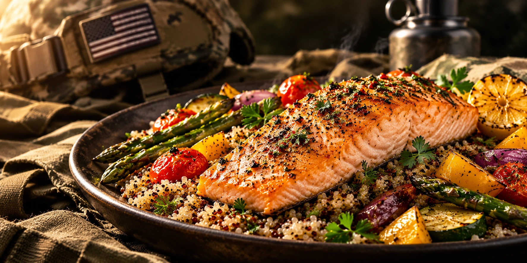 Salmon with grains and grilled vegetables alongside a military helmet and canteen
