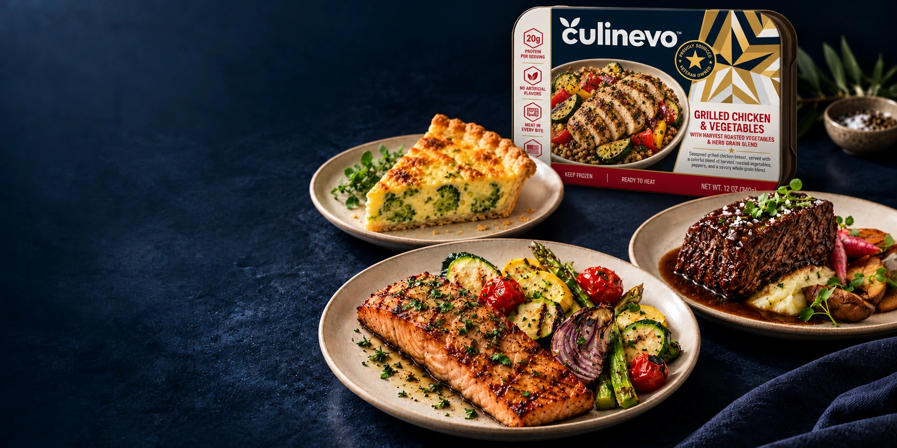 Culinevo Grilled Chicken & Vegetables package behind salmon, quiche and boneless short rib plates