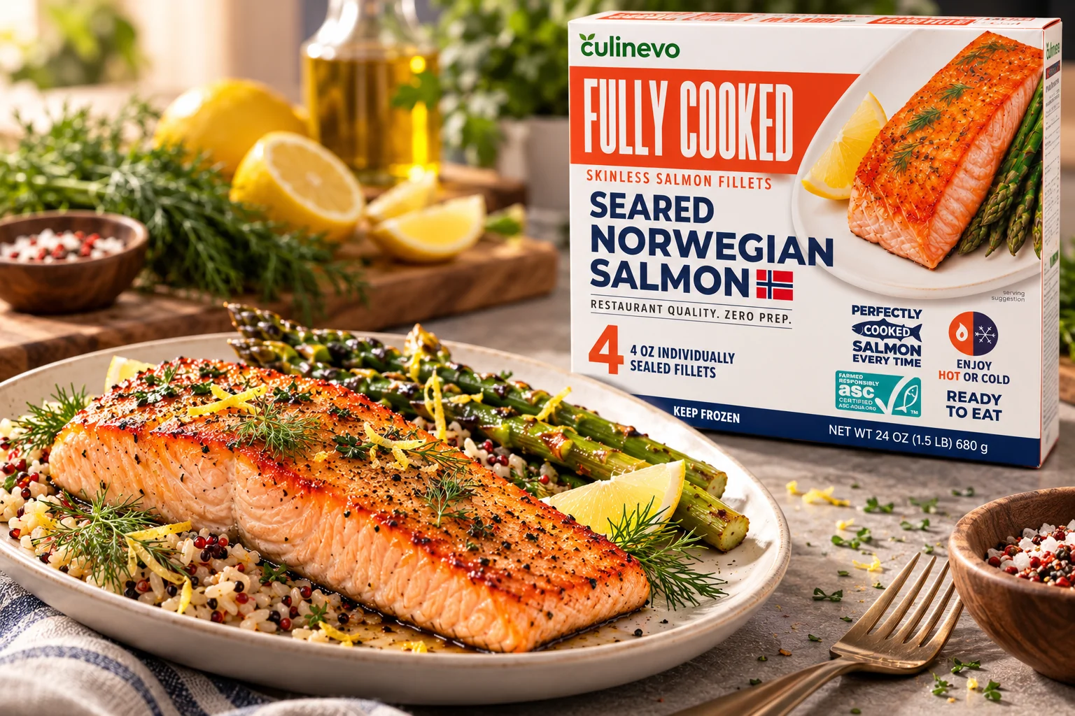 Precooked Ready to Eat Norwegian Salmon package with a prepared serving