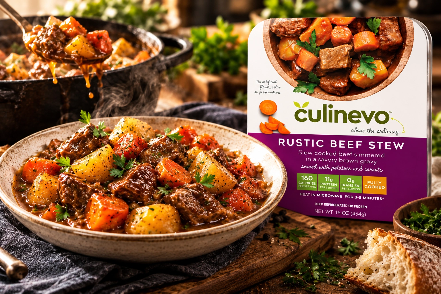 Culinevo Rustic Beef Stew package beside a bowl of beef stew and a steaming cooking pot
