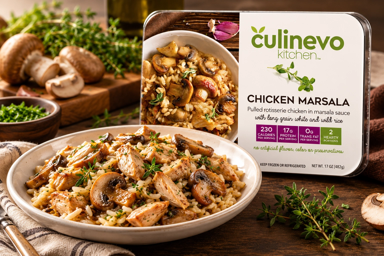 Culinevo Chicken Marsala package with a plated serving of chicken, mushrooms and rice