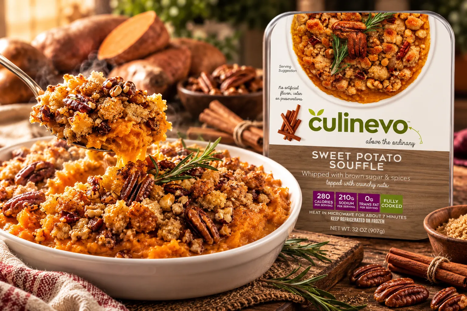Sweet Potato Soufflé package with a prepared serving